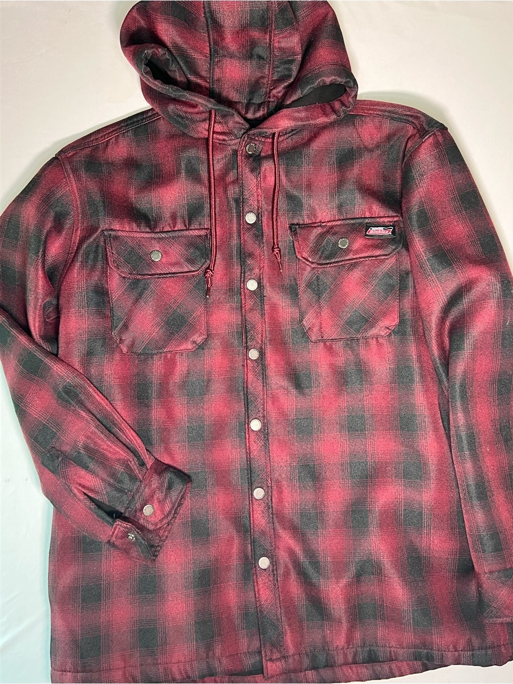 Red & Black Plaid Hooded Button-Up Shirt Jacket